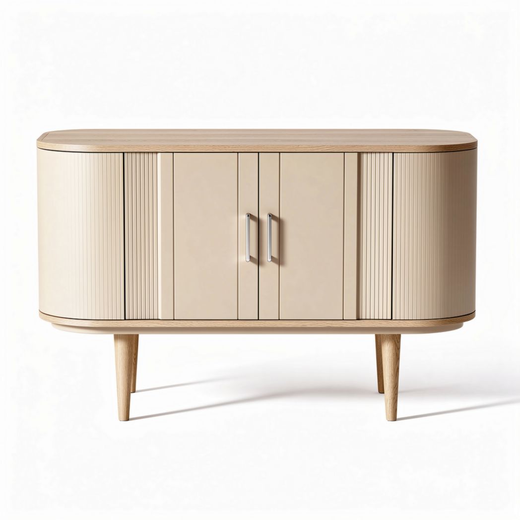Modern beige sideboard with two doors and angled wooden legs 100 x 40 x 75cm