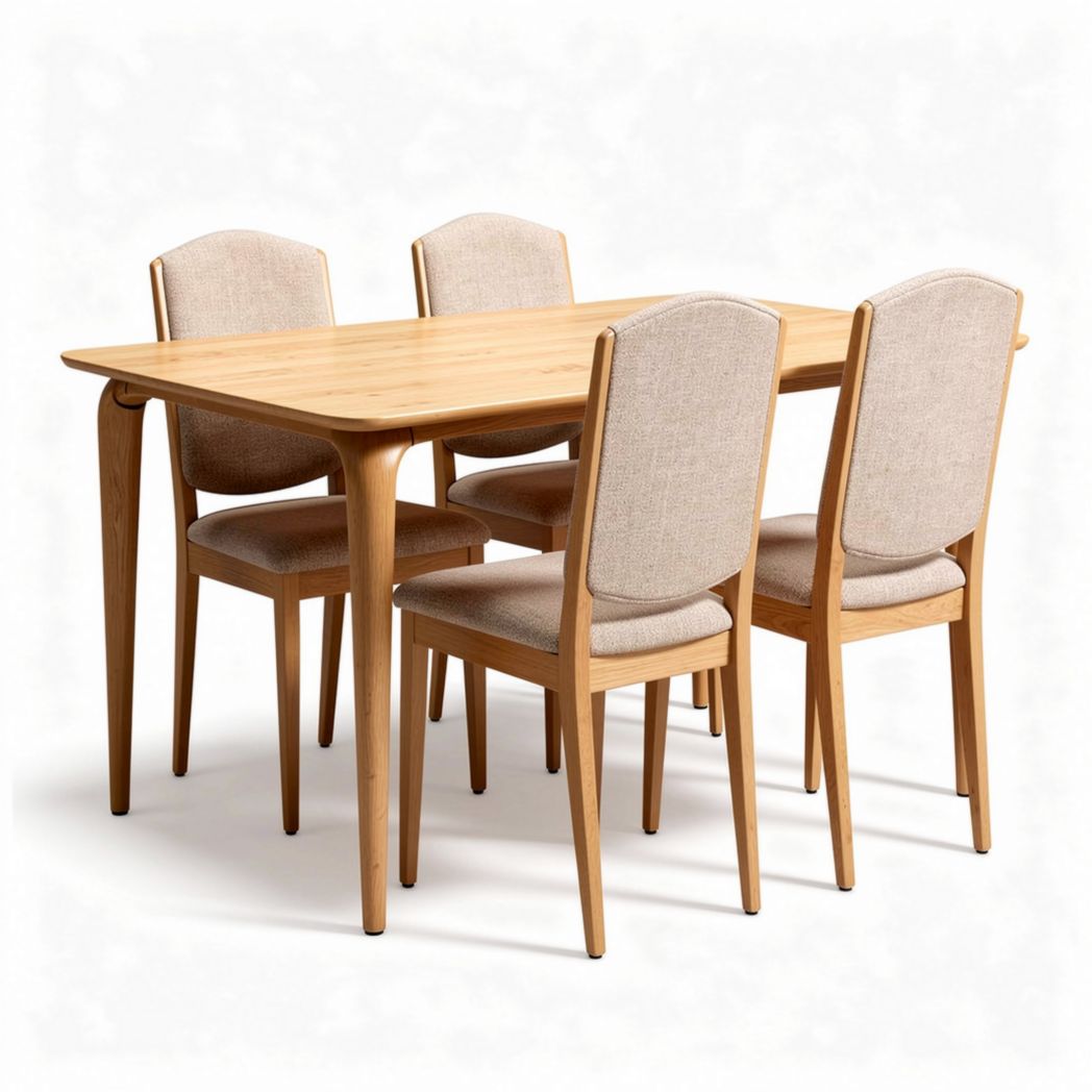 Wooden dining table set with four beige upholstered chairs 150 x 90 x 75cm