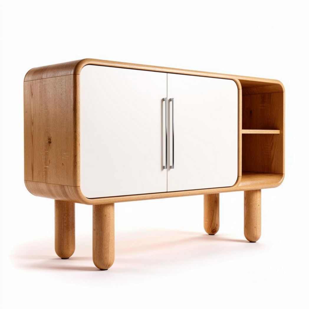 Wooden sideboard storage cabinet with white doors and open shelf 120 x 40 x 75cm
