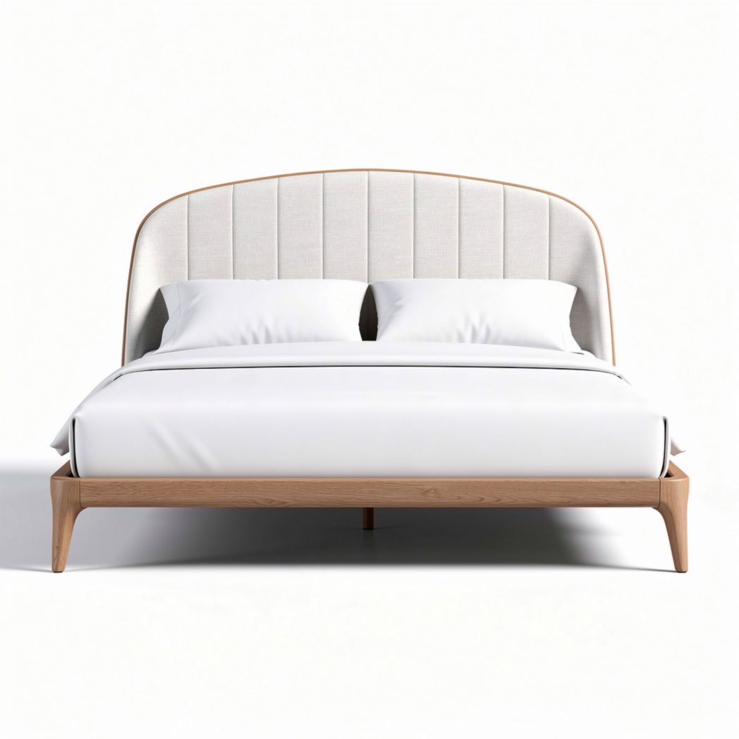 Upholstered bed frame with wooden legs in beige linen fabric 203 x 153 x 102cm