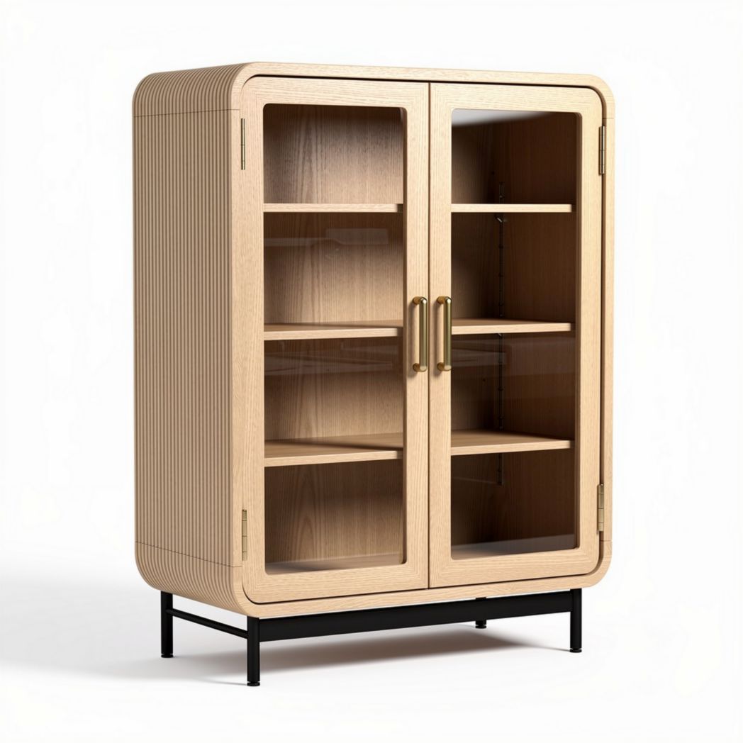 Wooden display cabinet with glass doors and metal base 80 x 40 x 120cm