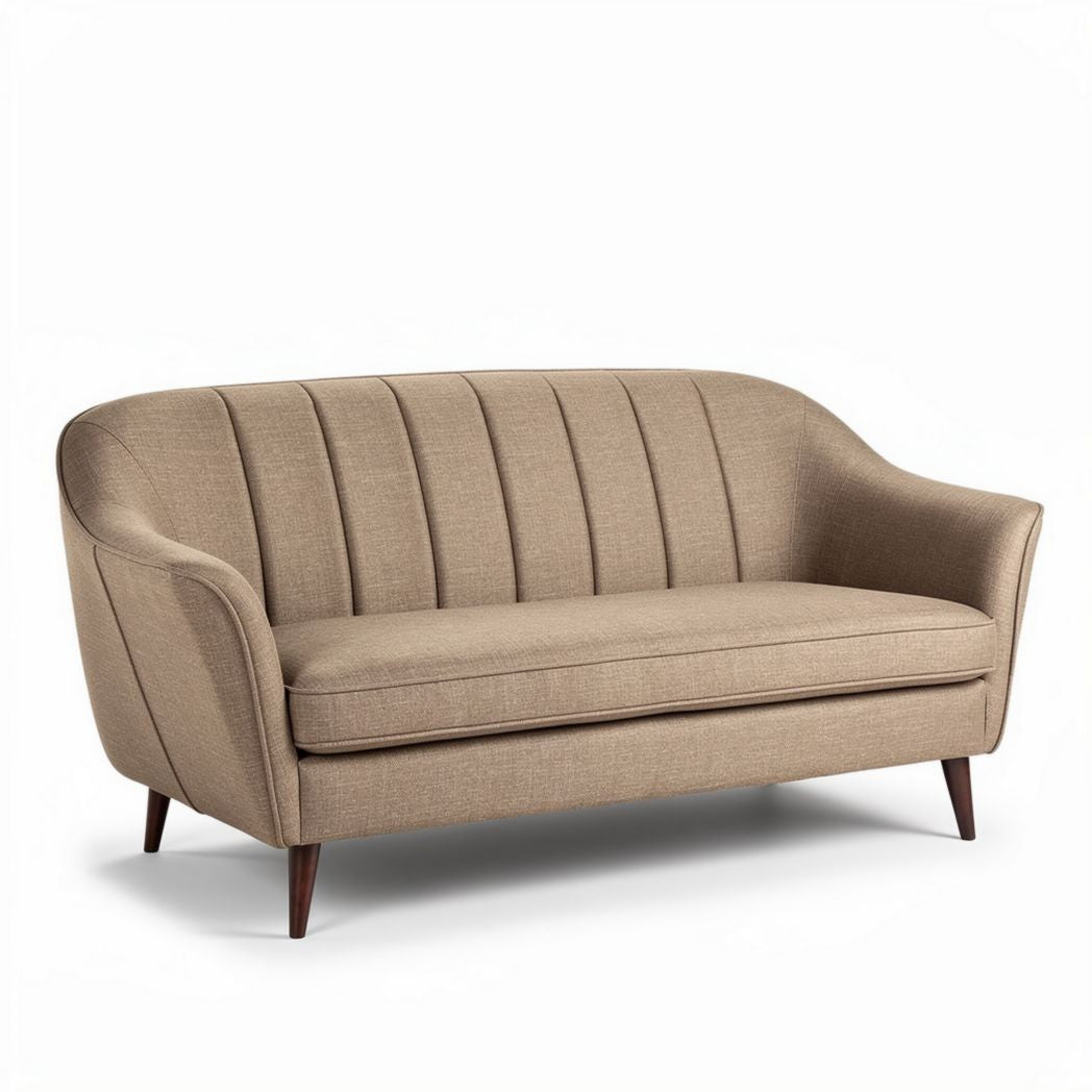 Two-seater sofa in beige fabric with curved arms and dimensions 180 x 80 x 75cm