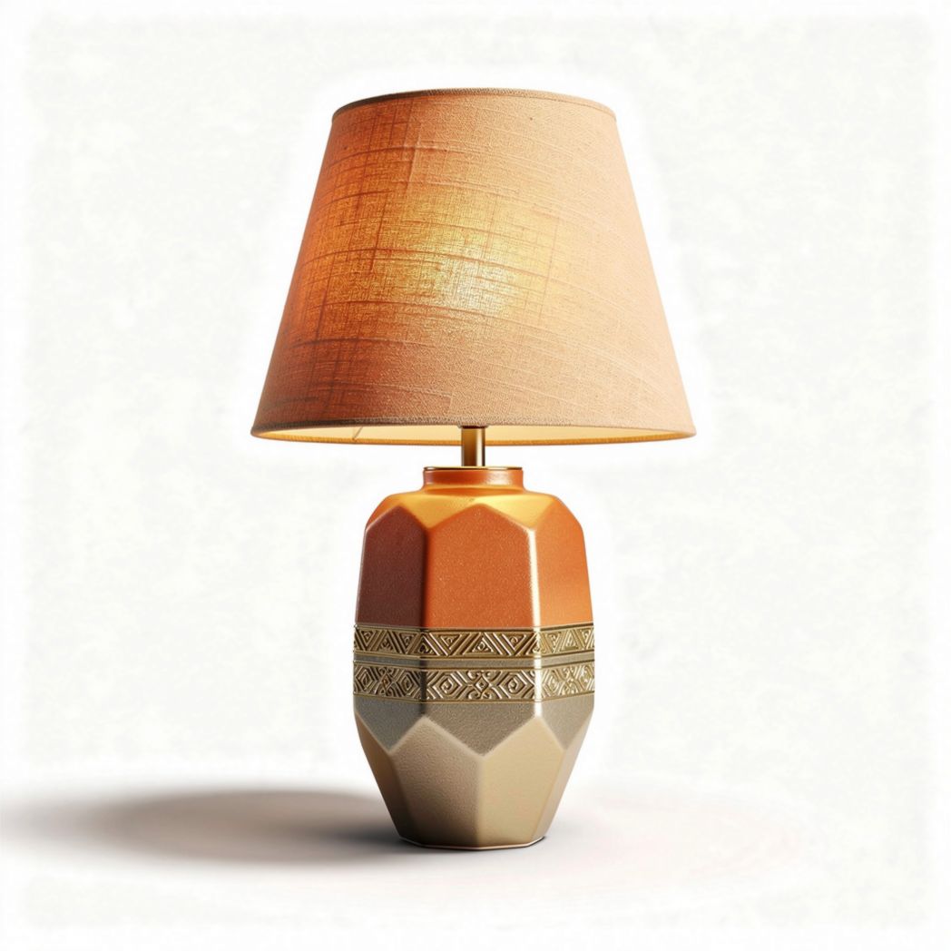 Ceramic table lamp with geometric design and fabric shade 20 x 20 x 35cm