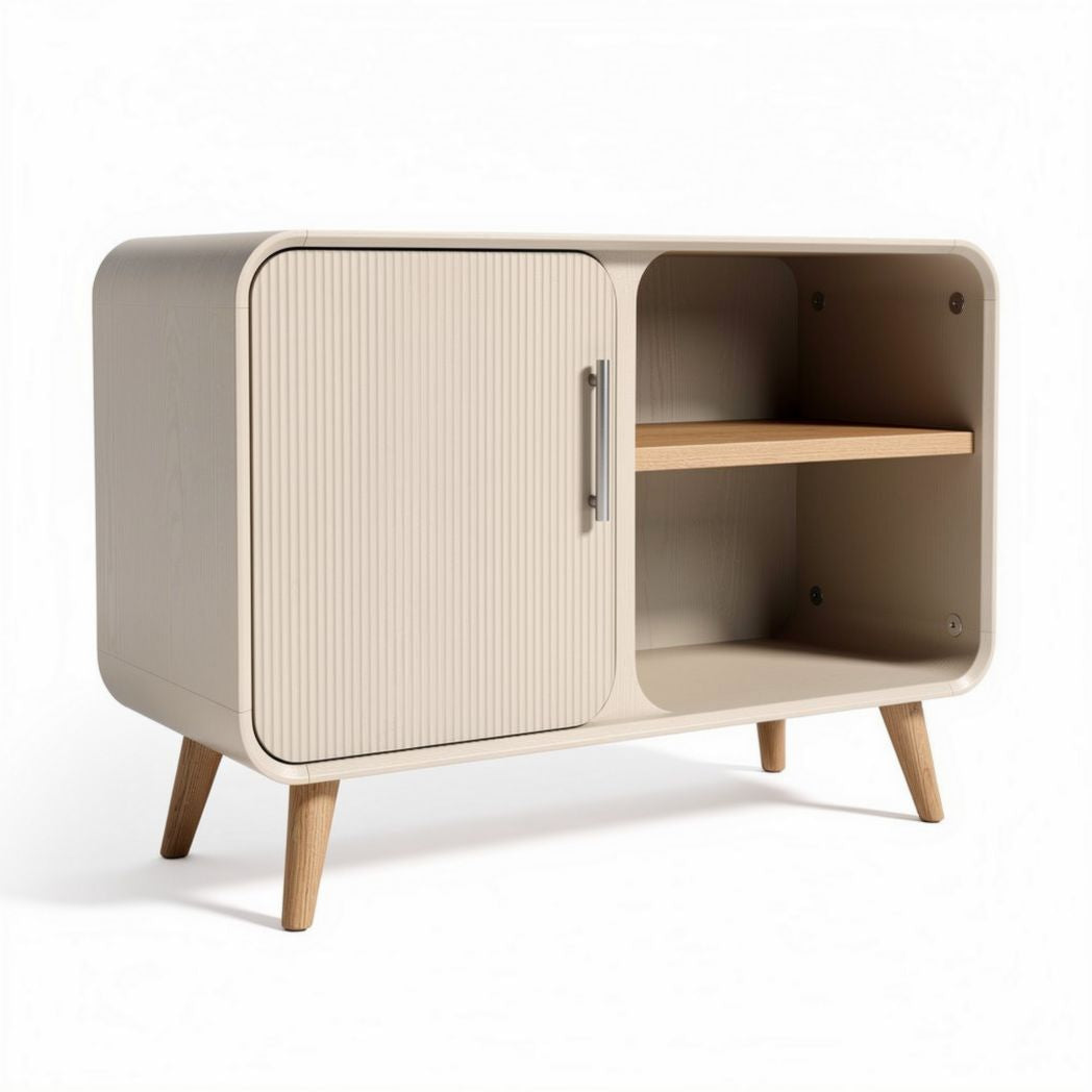 Modern beige wood sideboard with doors and open shelving 80 x 40 x 60cm