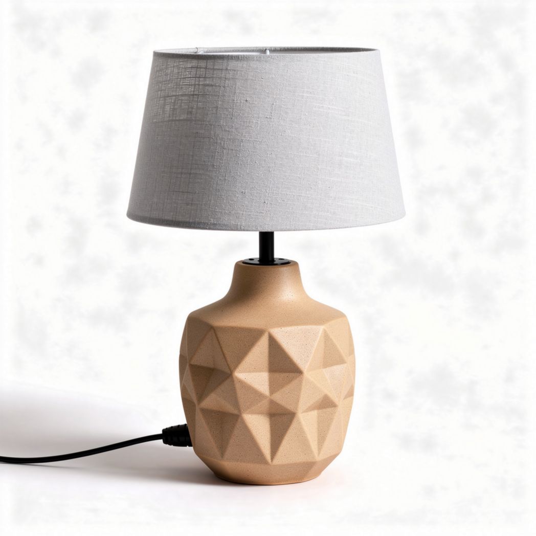 Geometric table lamp with beige base and gray fabric shade 30 x 30 x 60cm