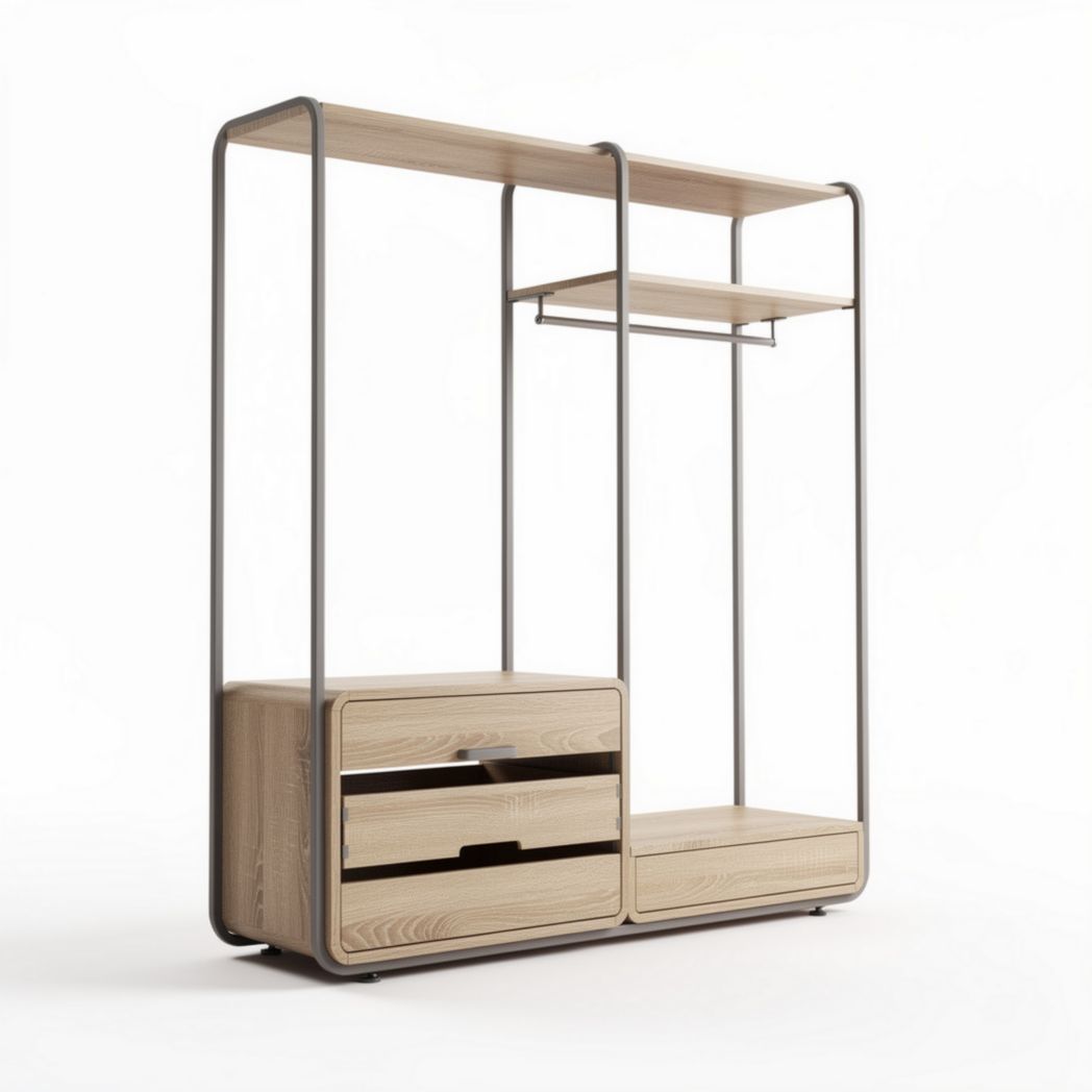 Wooden storage cabinet with metal frame and open shelving 150 x 60 x 180cm