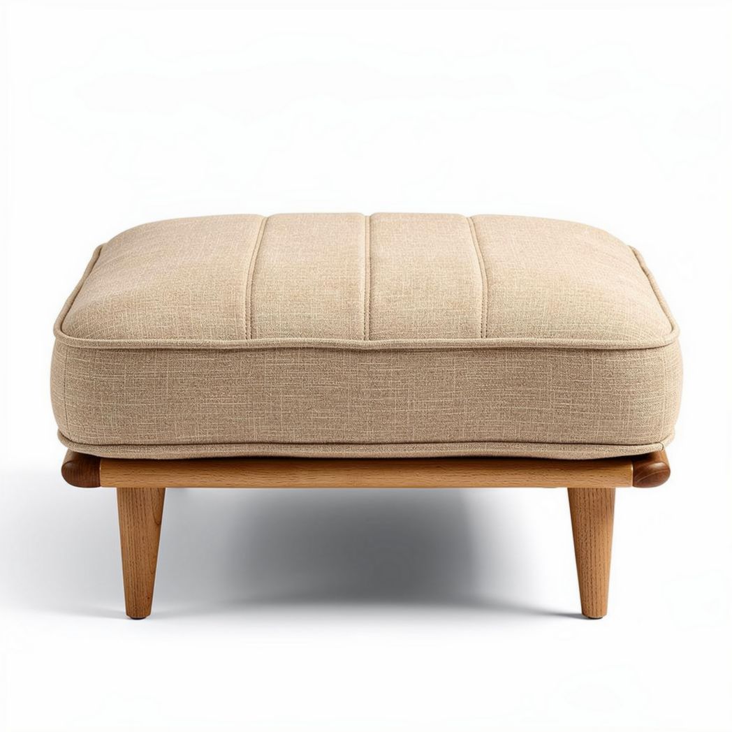 Beige upholstered ottoman with wooden legs 80 x 80 x 20cm for living room