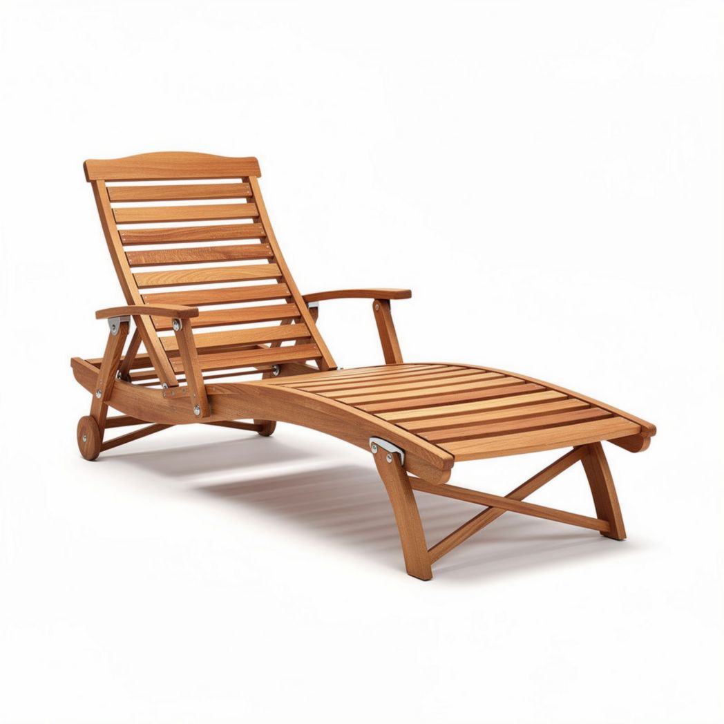 Wooden reclining lounge chair with adjustable backrest and wheels for outdoor use