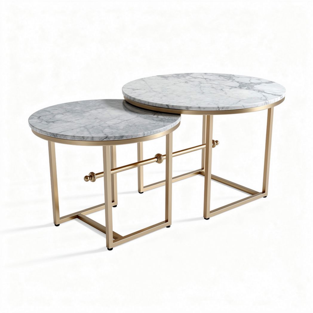 Marble top nesting tables set with gold metal frame 40 x 40 x 50cm