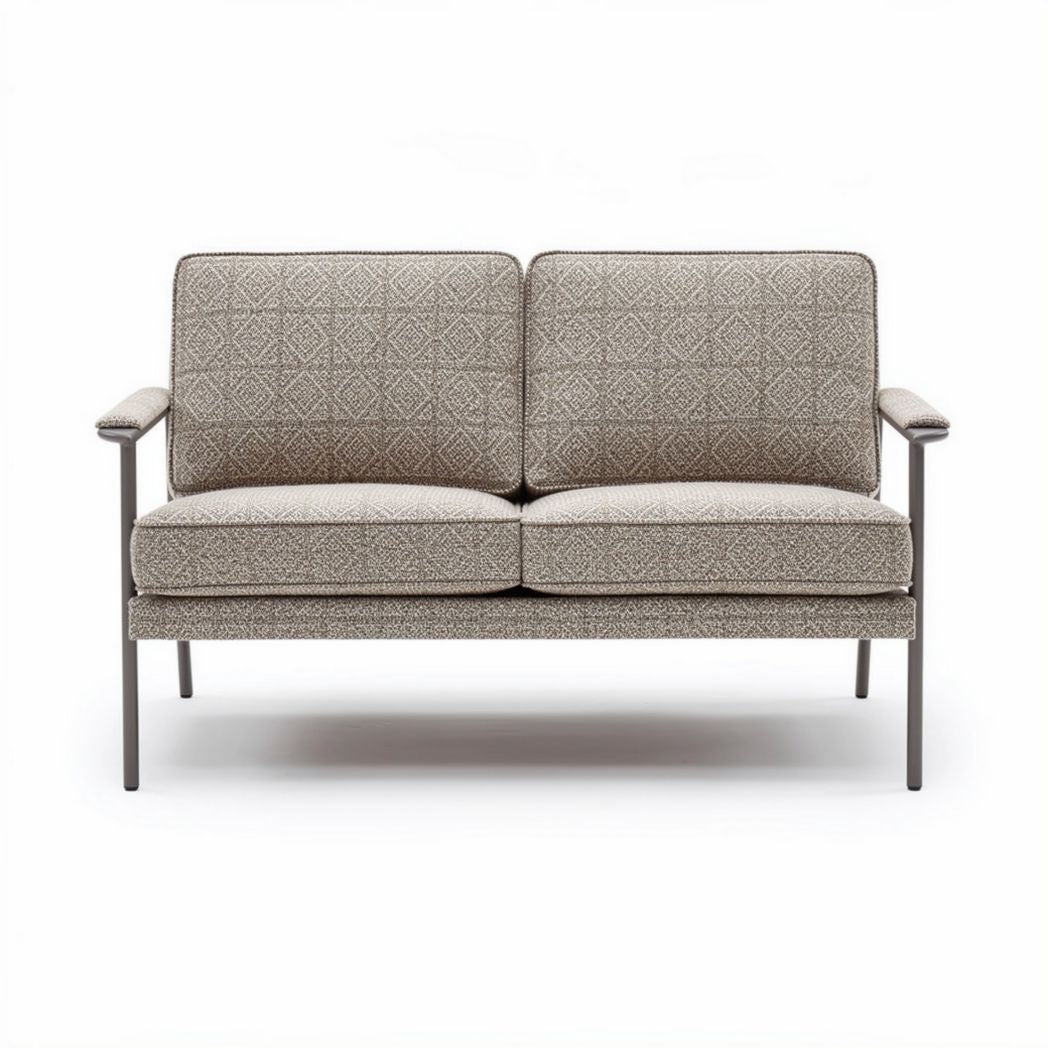 Modern two-seater sofa with fabric upholstery and metal frame in gray pattern
