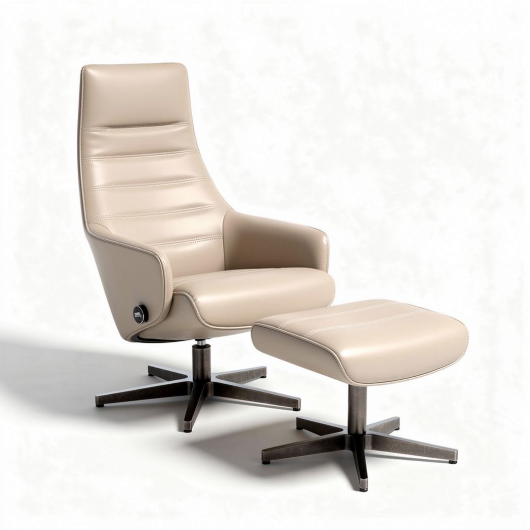 Leather swivel lounge chair with ottoman in cream color 80 x 70 x 100cm