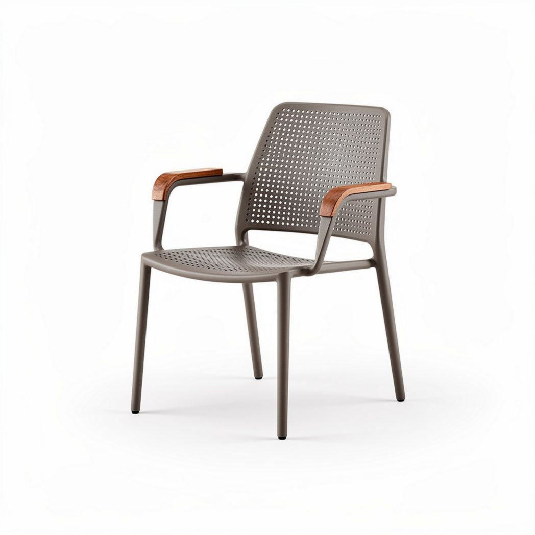 Plastic dining chair with wooden armrests and perforated design 55 x 55 x 80cm